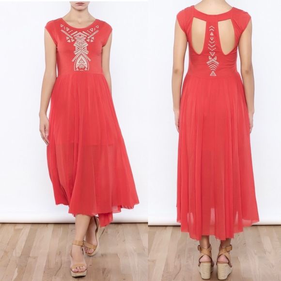 Free People Toosaloosa Slub Meadows Midi Coral Orange Dress Size Medium - Picture 1 of 11